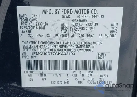 2012 Ford Escape Xlt z USA, uszkodzony, nr VIN 1FMCU0D77CKA32103